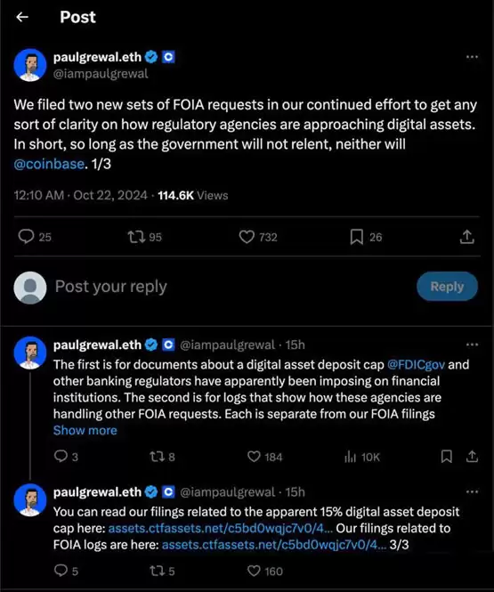 Coinbase再向FED和FDIC提交FOIA请求!要求公开银行打压加密货币文件