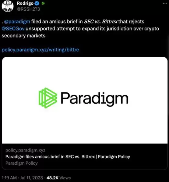 Paradigm声援倒闭交易所Bittrex:SEC不具加密货币监管权