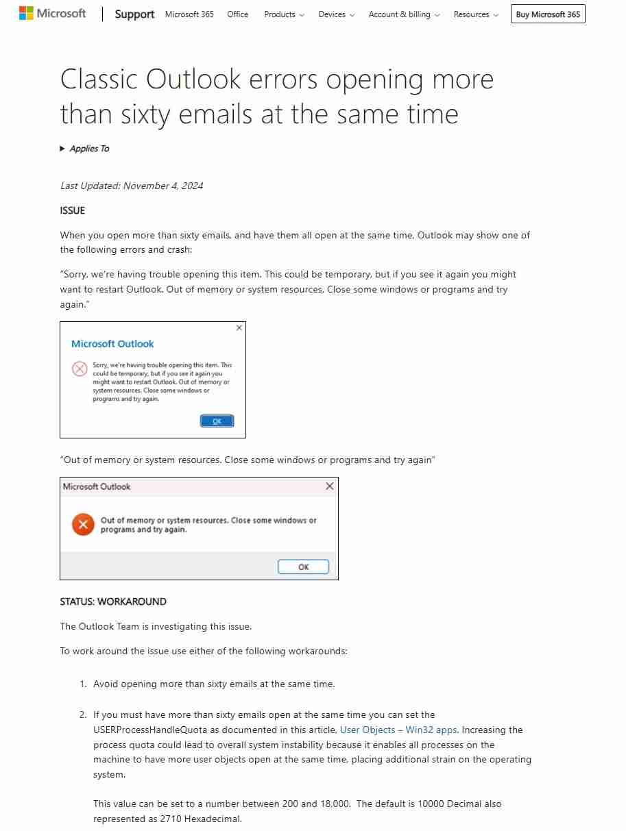 经典版 Outlook 用户同时打开超 60 封电子邮件会崩溃