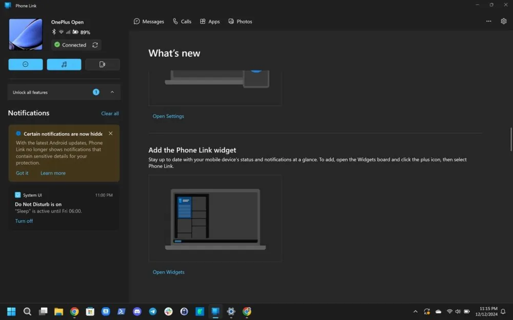 Windows Phone Link 应用提醒用户:更新安卓 15 后无法显示特定