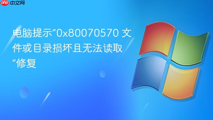 电脑提示“0x80070570 文件或目录损坏且无法读取”修复