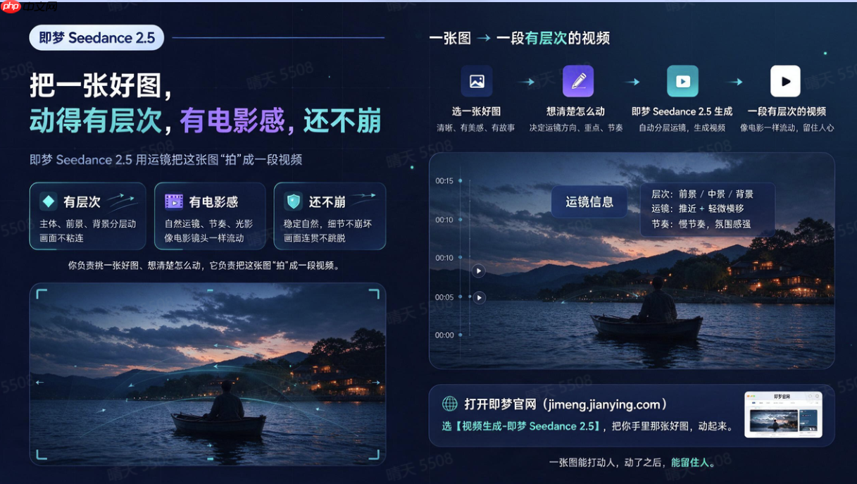 静图转运镜视频AI生图工具推荐:推、拉、摇、移全搞定,即梦让一张图拍出电影感 - php中文网