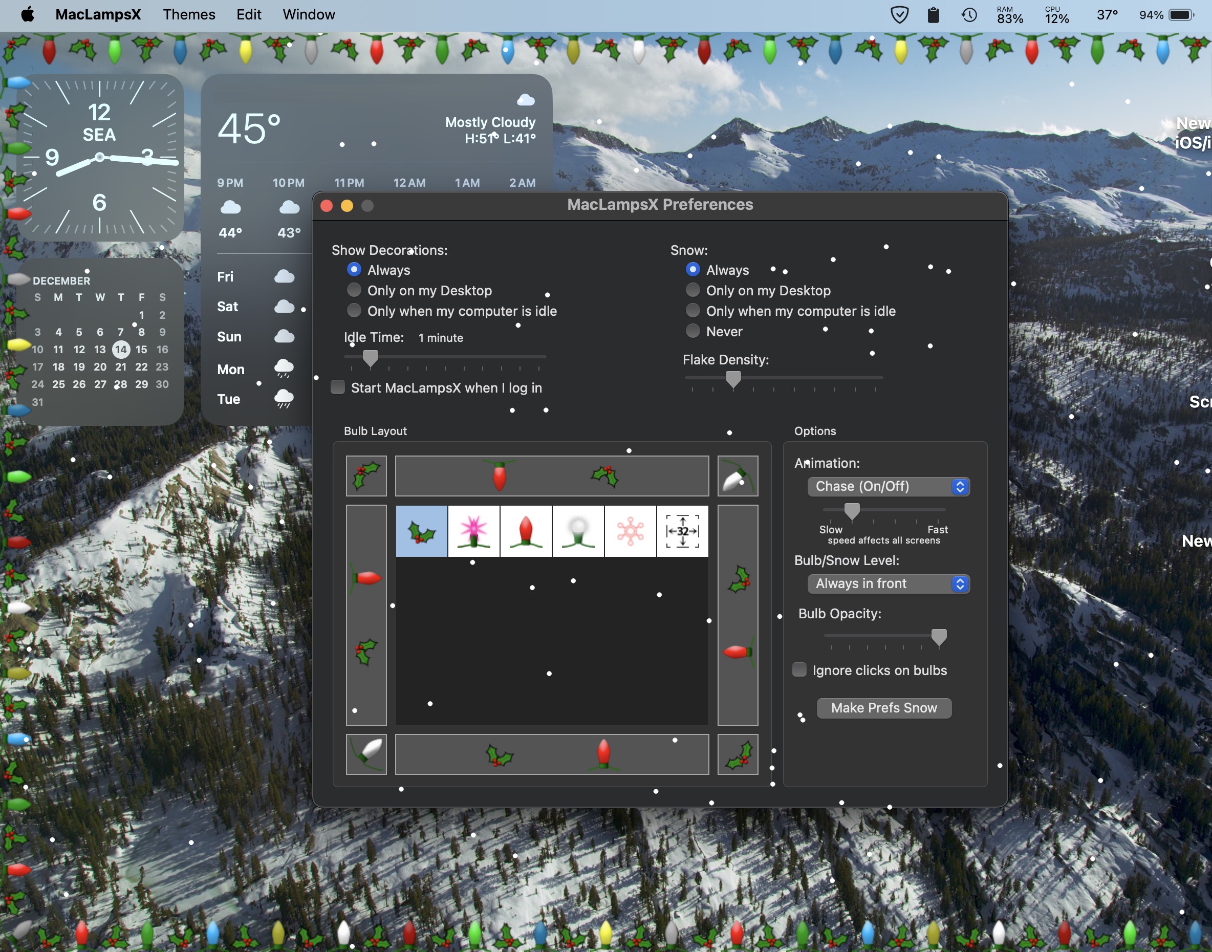 Letakkan lampu salji & Krismas yang jatuh di desktop Mac anda dengan maclampsx