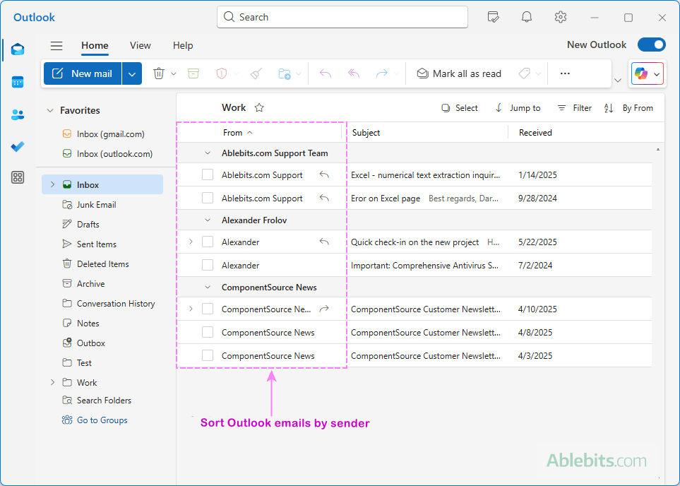 Outlook でメールとフォルダーを並べ替える方法
