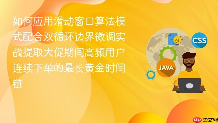 如何应用滑动窗口算法模式配合双循环边界微调实战提取大促期间高频用户连续下单的最长黄金时间链