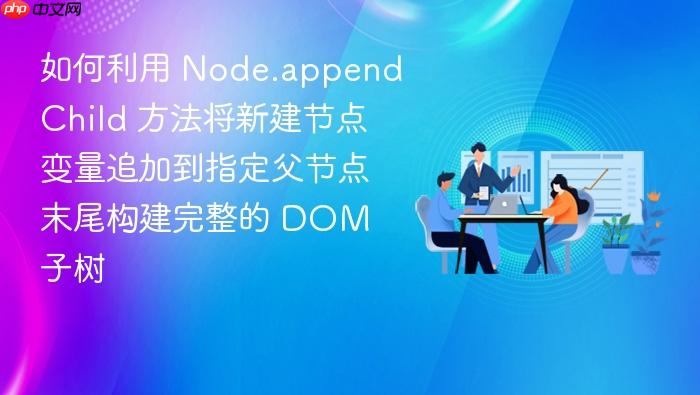 如何利用 node.appendchild 方法将新建节点变量追加到指定父节点末尾构建完整的 dom 子树