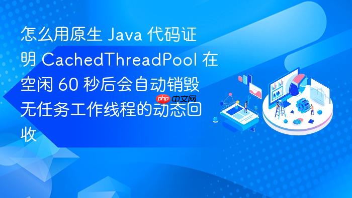怎么用原生 java 代码证明 cachedthreadpool 在空闲 60 秒后会自动销毁无任务工作线程的动态回收