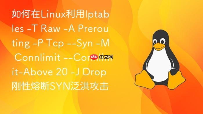 如何在linux利用iptables -t raw -a prerouting -p tcp --syn -m connlimit --connlimit-above 20 -j drop 刚性熔断syn泛洪攻击