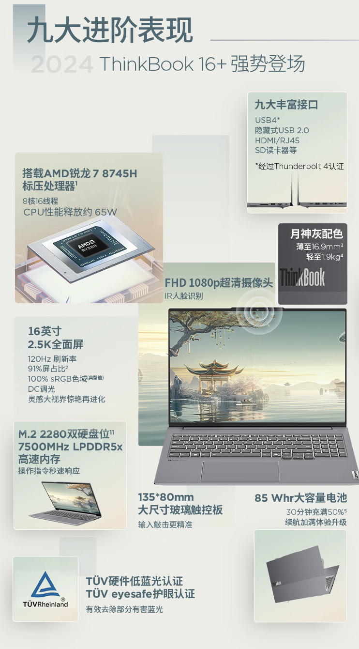 2024 款联想 ThinkBook 16+ 锐龙版笔记本开售：R7 8745H + 24G + 512G 售 5299 元