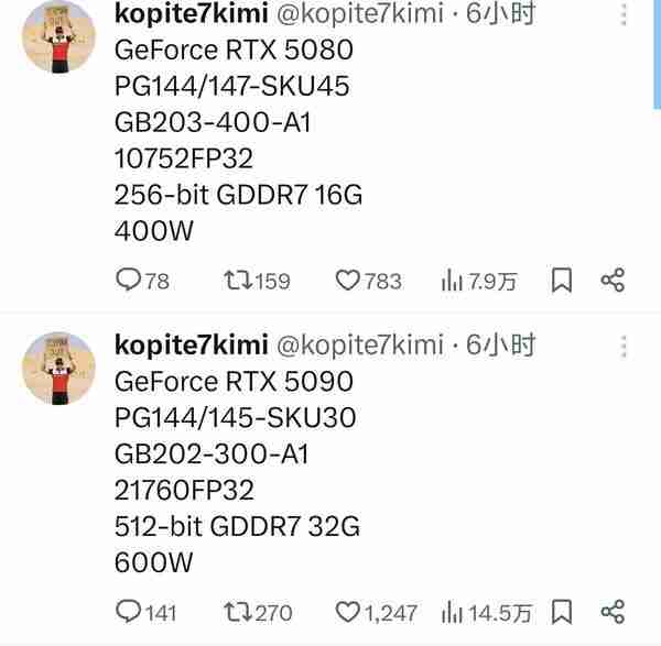 英伟达 RTX 5090/5080 规格曝光 性能差距进一步拉大