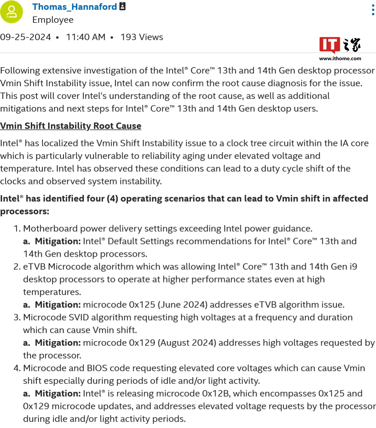 英特尔确认第 13、14 代酷睿桌面处理器不稳定根本原因，将推新版修复微代码