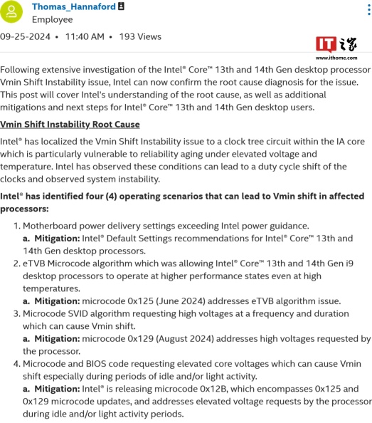 英特尔确认第 13、14 代酷睿桌面处理器不稳定根本原因，将推新版修复微代码