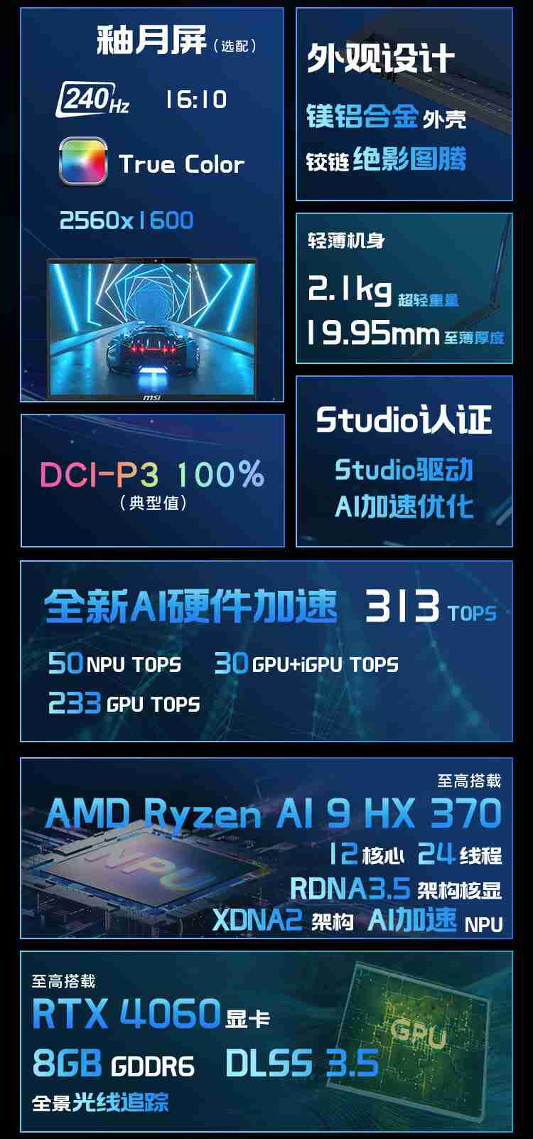 微星绝影 16 AI+ 锐龙版 2024 笔记本开售：AMD 锐龙 AI 9 HX370+RTX4060，首发 15499 元