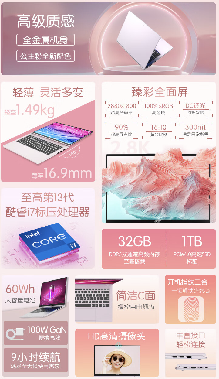 宏碁 14 英寸非凡 Go 公主本开售:i7-13620H + 32G + 1T 售 4899 元