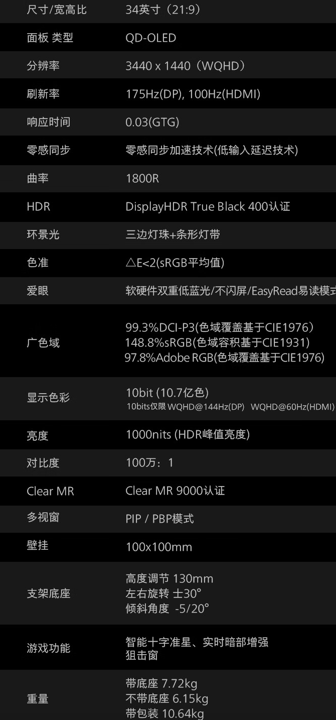 飞利浦推出“34M2C6500”34 英寸带鱼屏显示器：1440P 175Hz QD-OLED，3999 元