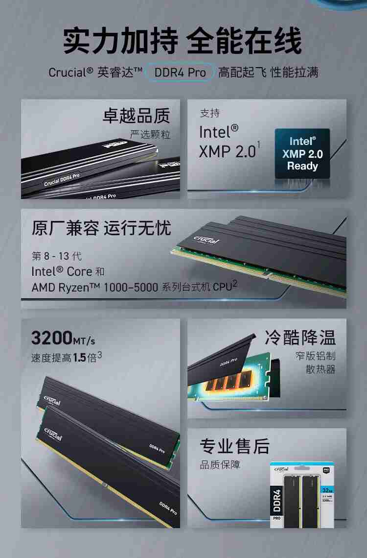 镁光原厂颗粒：英睿达 Pro 系列 DDR4 3200 内存 32G 套装 299 元秒杀