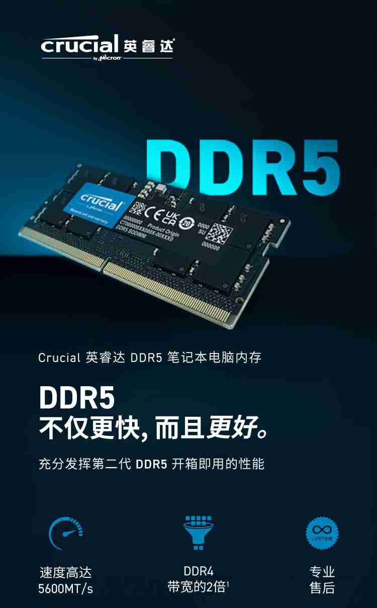 迷你主机可用，美光英睿达 32G DDR5-5600 笔记本内存 505 元新低
