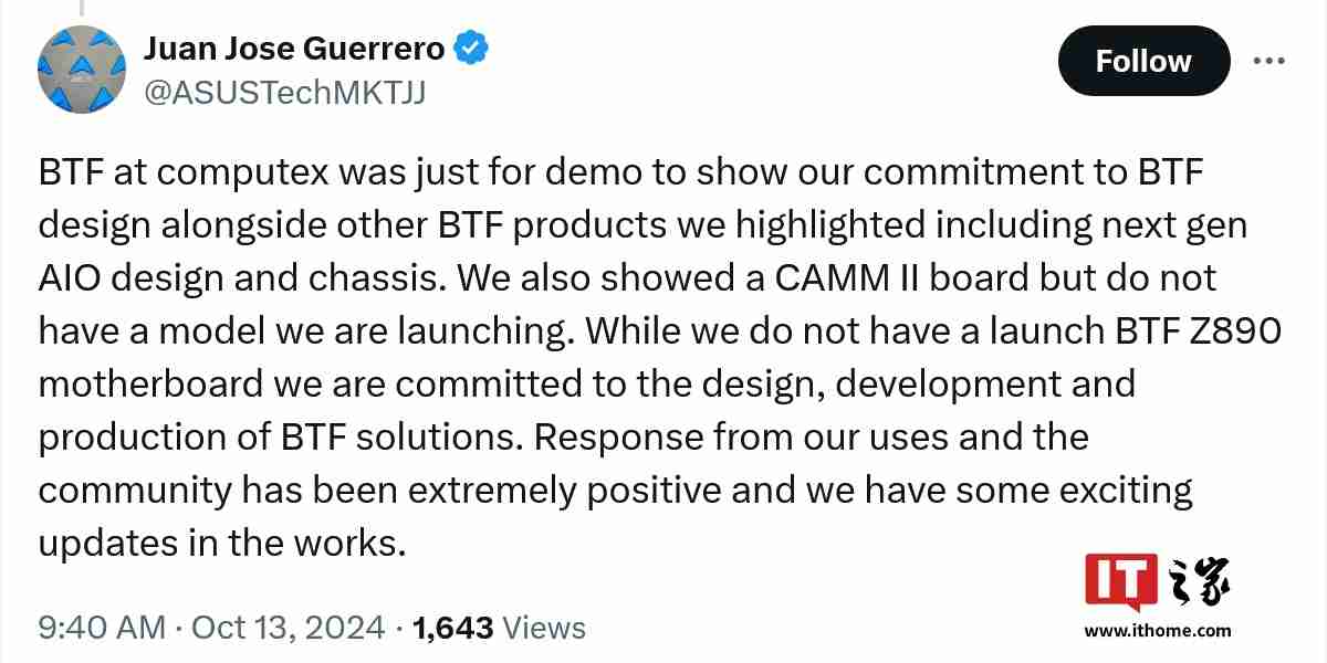 华硕暂无 Z890 BTF 背插主板规划，但仍致力于推进 BTF 解决方案