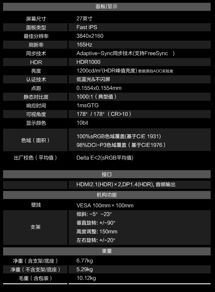4K 165Hz QD-Mini LED：AOC 27 英寸显示器 2869 元限时购（3 年以换代修）