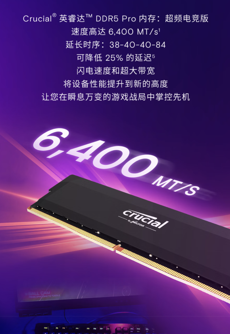 英睿达 Pro 系列 DDR5 台式机 32GB(16x2)内存套条开售:超频 6400MHz,679 元