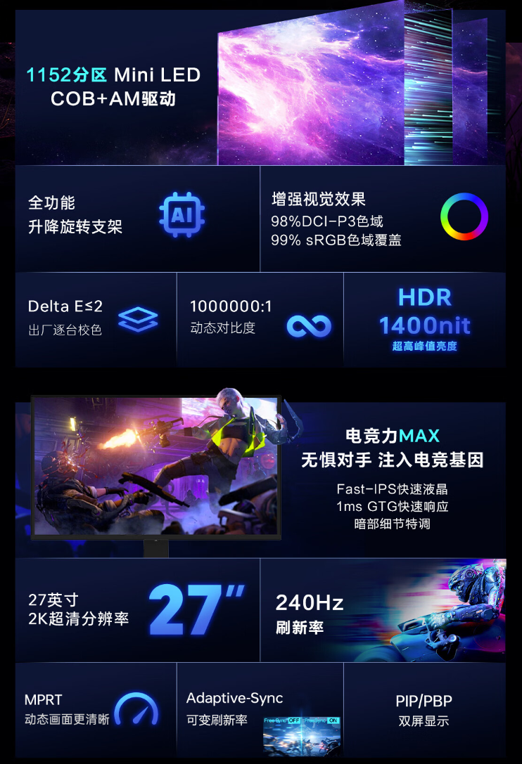 雷神“CQ27F240M”27 英寸显示器开售：2K 240Hz 1152 分区 Mini LED，1799 元