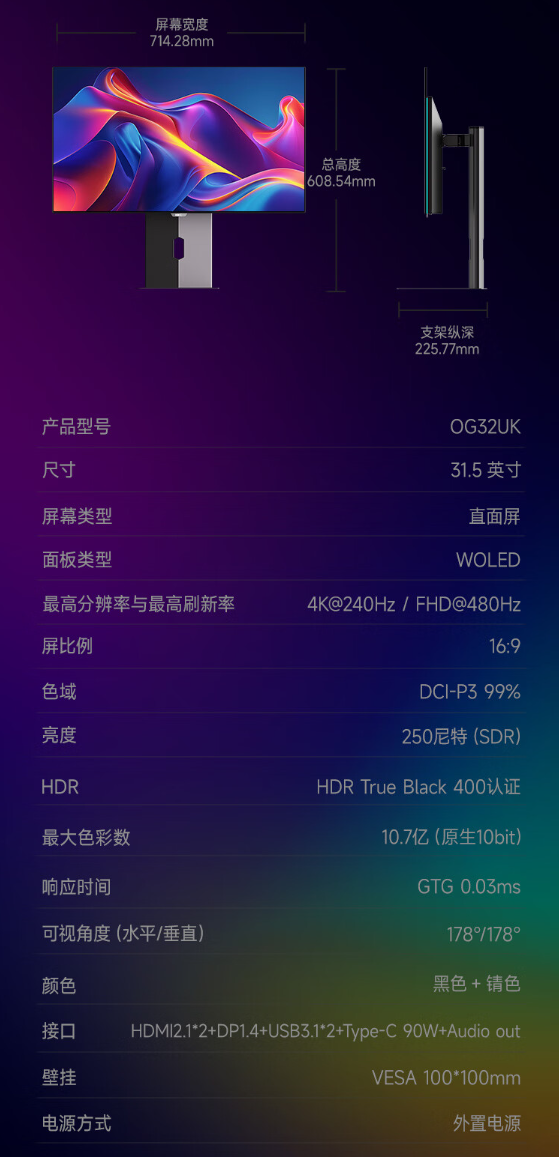 HKC“OG32UK”31.5 英寸显示器开售:4K 240Hz / FHD 480Hz 双模切换,7999 元