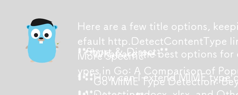 Hier sind einige Titeloptionen unter Berücksichtigung des Frage-Antwort-Formats:

**Kurz & Direkt:**

* **Wie kann ich die MIME-Typerkennung in Go über die standardmäßigen http.DetectContentType-Einschränkungen hinaus erweitern?