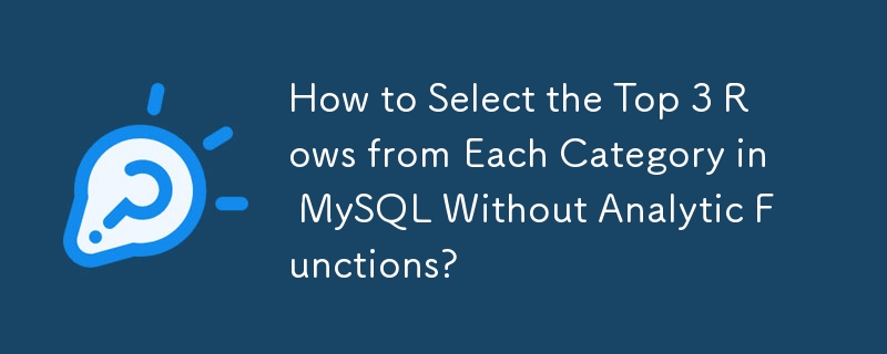 How to Select the Top 3 Rows from Each Category in MySQL Without Analytic Functions?