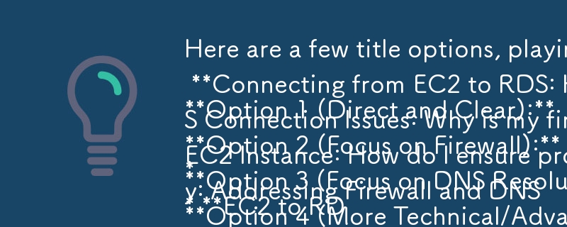 ここでは、質問形式を工夫し、中心的な問題と解決策を強調するタイトルのオプションをいくつか示します。

オプション 1 (直接およびクリア):

* EC2 から RDS への接続: 「Ca」のトラブルシューティング方法を教えてください。