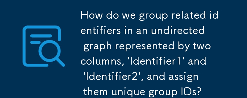 我們如何在由兩列「Identifier1」和「Identifier2」所表示的無向圖中將相關識別碼分組，並為它們指派唯一的群組ID？