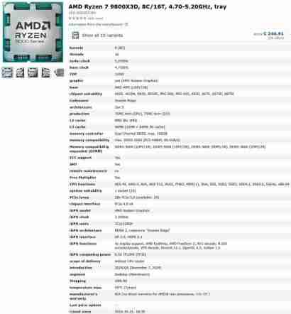 AMD 锐龙 7 9800X3D 完整规格泄露:8 个 Zen 5 核心、120W TDP、96MB L3 缓存、解锁倍频
