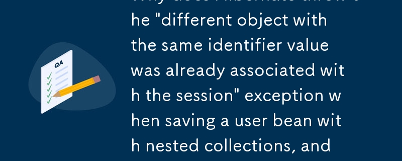 为什么 Hibernate 在保存具有嵌套集合的用户 bean 时会抛出'具有相同标识符值的不同对象已与会话关联”异常，以及如何解决