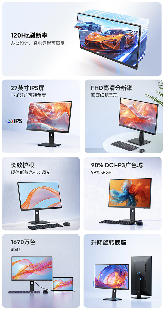 1080P 120Hz：联合创新“27D1FR”27 英寸显示器 469 元拼团购