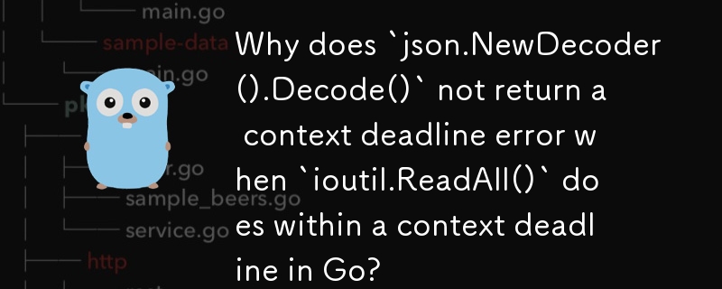 Why does `json.NewDecoder().Decode()` not return a context deadline error when `ioutil.ReadAll()` does within a context deadline in Go?