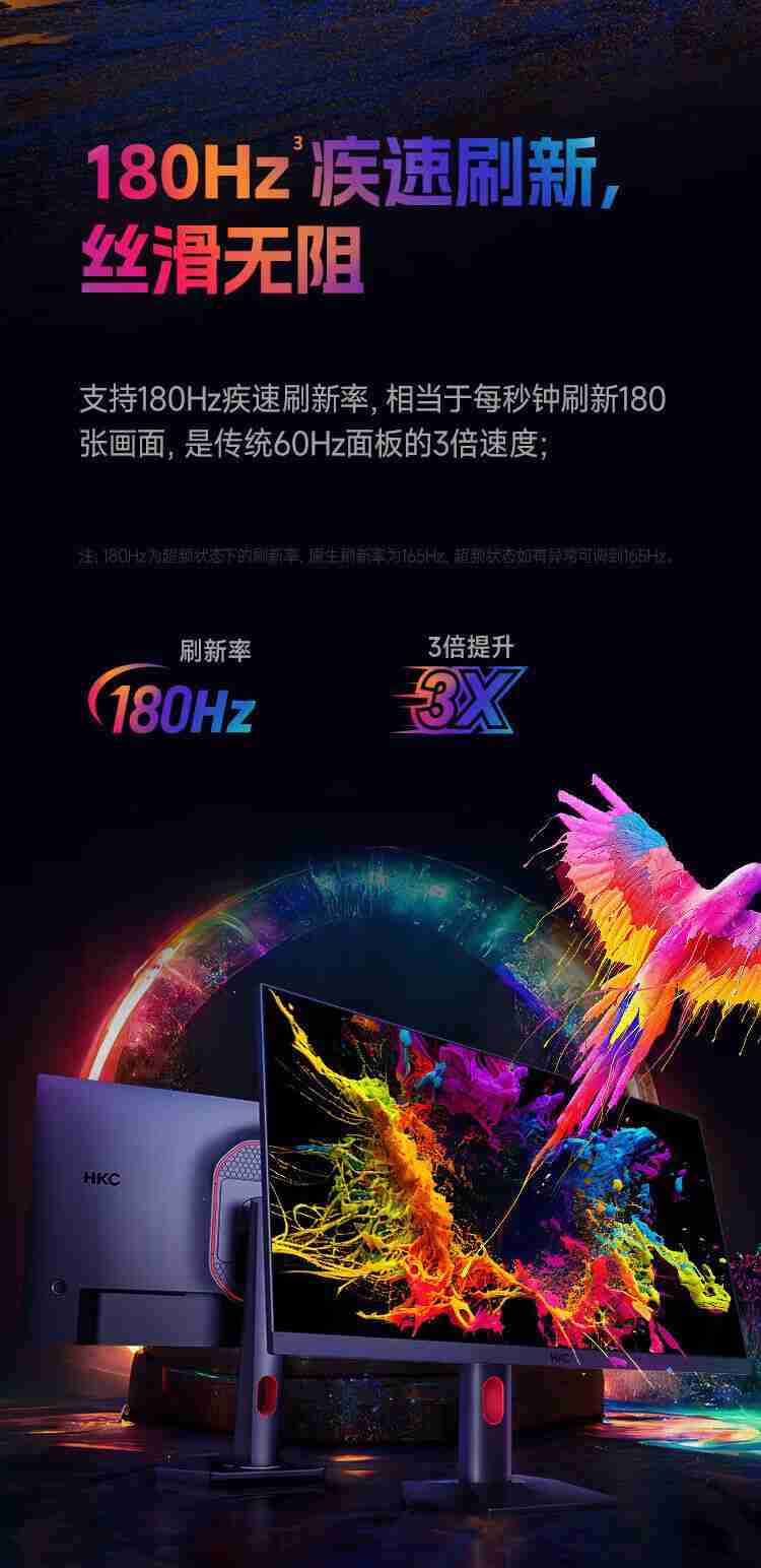 2K@180Hz + NanoIPS：HKC 惠科 MG27Q 电竞显示器京东 979 元