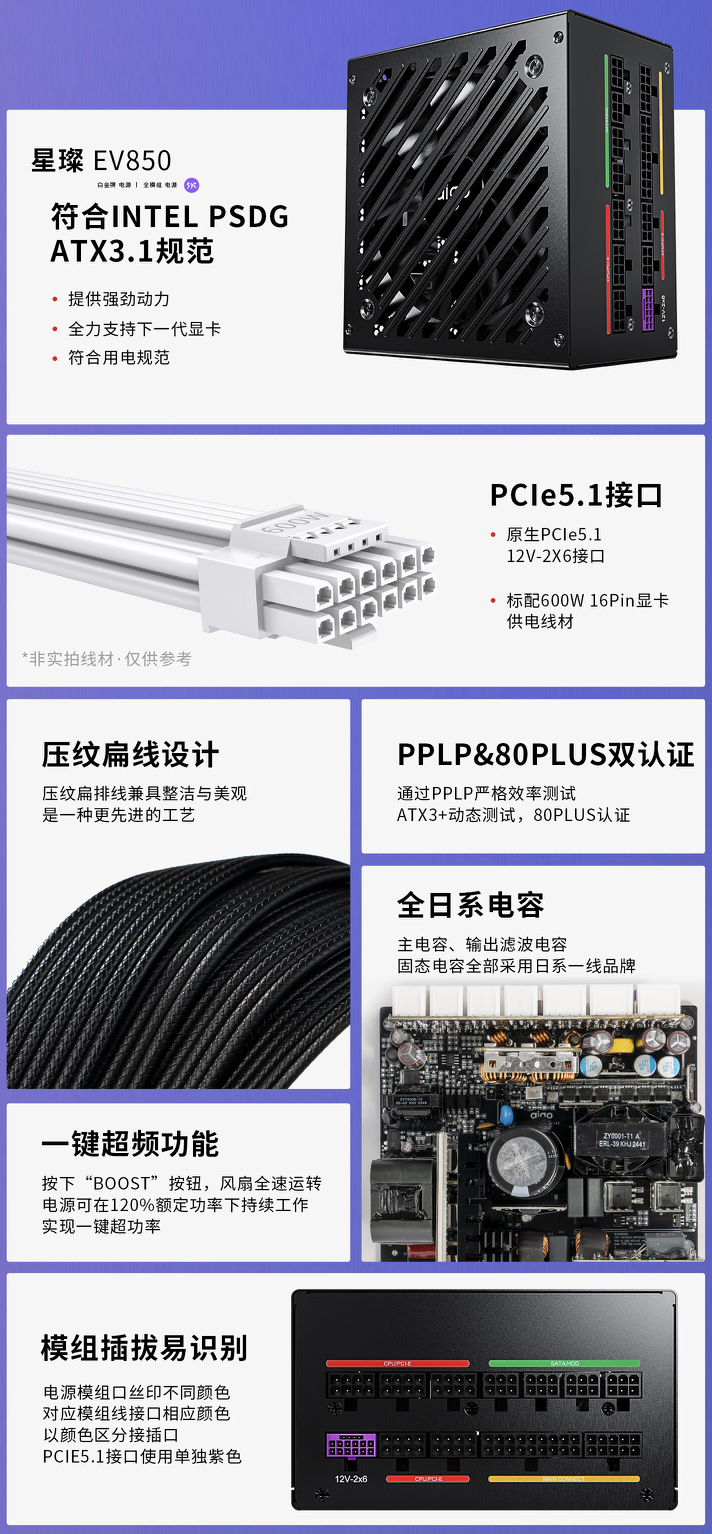 爱国者“星璨 EV”白金牌全模组电源开售：80PLUS 双认证，499 元