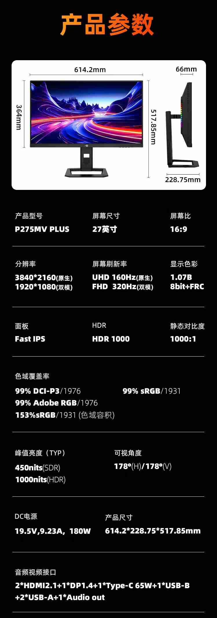 4K 160Hz / FHD 320Hz 双模切换：泰坦军团 P275MV PLUS 显示器 2326 元 6 期免息