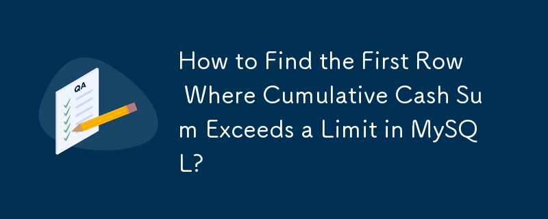 Wie finde ich die erste Zeile, in der die kumulierte Geldsumme ein Limit in MySQL überschreitet?