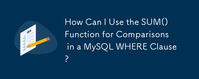 MySQL WHERE 절에서 비교를 위해 SUM() 함수를 어떻게 사용할 수 있습니까?