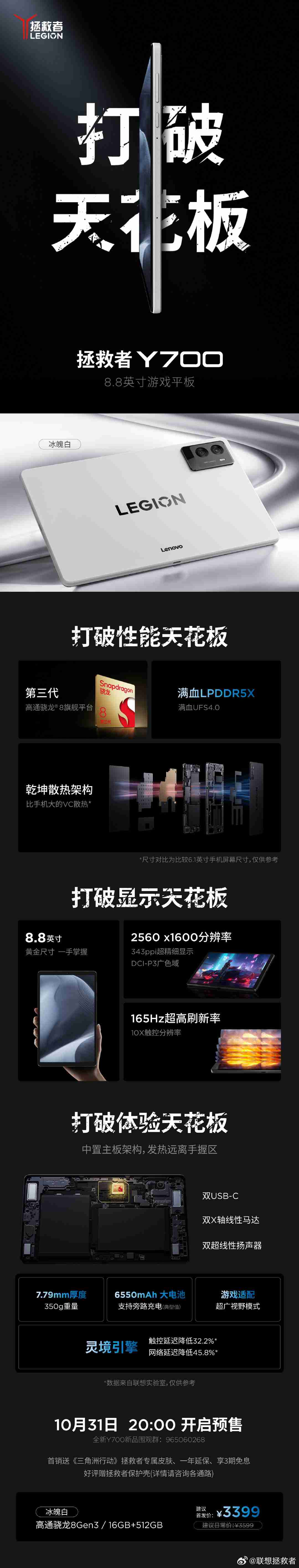 首发直降 500 元：联想新一代拯救者 Y700 平板 16+512G 冰魄白 2874 元