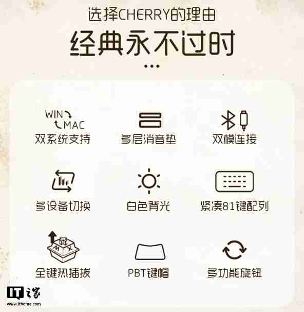 樱桃 KW300 MX 无线机械键盘开售：81 键紧凑布局、双模连接，699 元