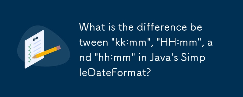 What is the difference between 'kk:mm', 'HH:mm', and 'hh:mm' in Java's SimpleDateFormat?