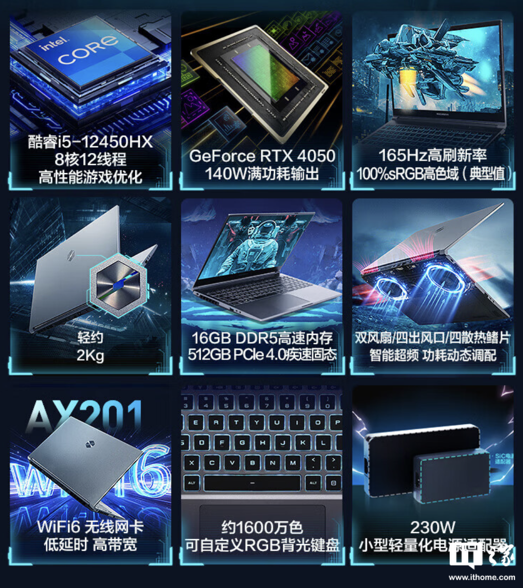 机械革命极光 15 笔记本新增“i5-12450HX + 24G + 1T + RTX4050”版本,售 5799 元