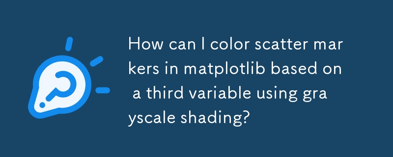 matplotlib でグレースケール シェーディングを使用して 3 番目の変数に基づいて散布マーカーに色を付けるにはどうすればよいですか?