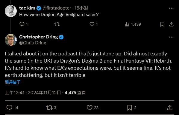 《龙腾世纪4》英国销量持平《龙之信条2》和《FF7：重生》