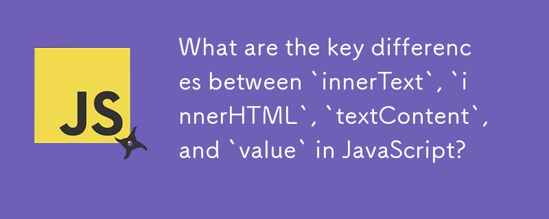 Apakah perbezaan utama antara `innerText`, `innerHTML`, `textContent` dan `value` dalam JavaScript?