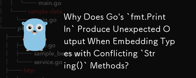 競合する `String()` メソッドを含む型を埋め込むと、Go の `fmt.Println` が予期しない出力を生成するのはなぜですか?