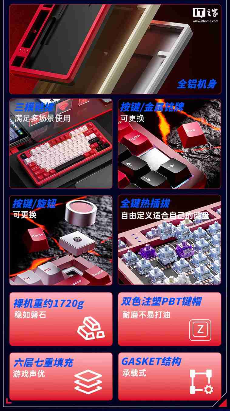 狼蛛推出 Fire 75 轻颜机械键盘：Gasket 结构、8000 毫安时电池，299 元起