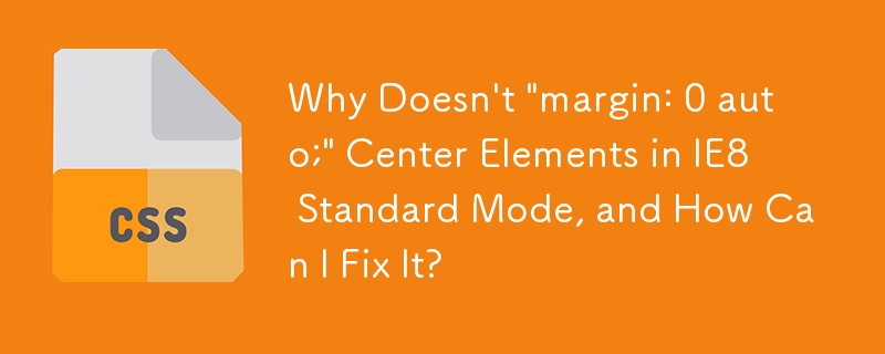 Warum zentriert „margin: 0 auto;' Elemente im IE8-Standardmodus nicht und wie kann ich das Problem beheben?