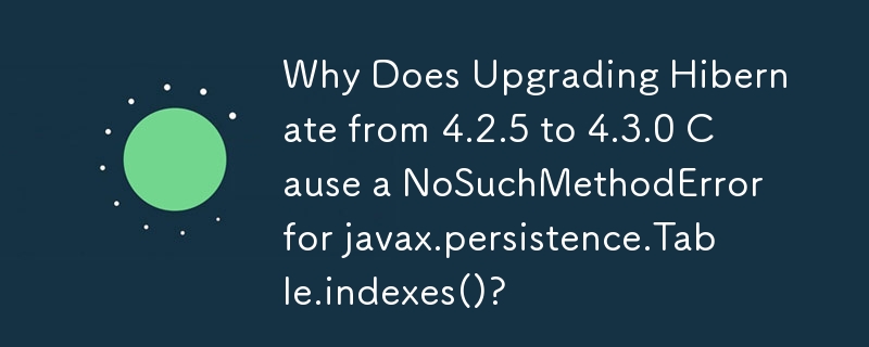 Why Does Upgrading Hibernate from 4.2.5 to 4.3.0 Cause a NoSuchMethodError for javax.persistence.Table.indexes()?